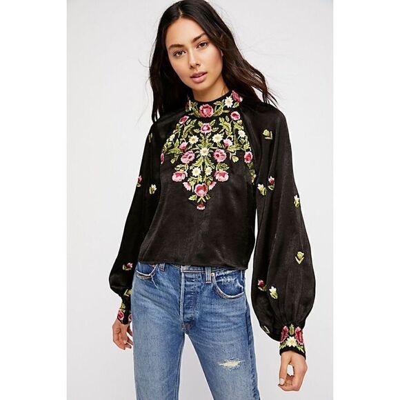 Free People Womens Jessica Blouse Sz S Black Embroidered Mock Neck  128.00 NEW - Picture 1 of 14